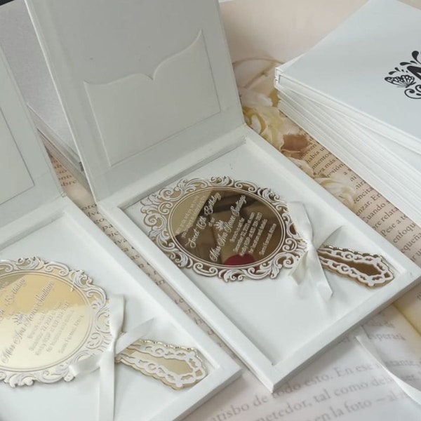 Prince Mirror Gold Acrylic Quinceañera Invitation, Acrylic Sweet 16 Invitation, Luxury Ivory Box Wedding Invitation