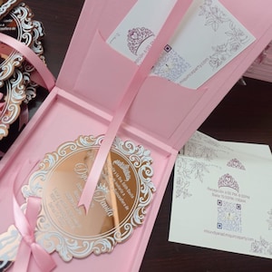 Luxury Quinceañera Invitation Box | Baby Pink Crown Theme Sweet 15 Invite | Personalized Rigid Keepsake Box for Wedding & Milestone Birthday