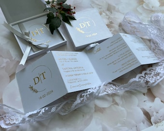 White & Gold Foil Folded Wedding Invitations, Gold Foil Printed Mini Box Wedding Invitation, Minimalist Folding Invites - Pack of 10 Nos