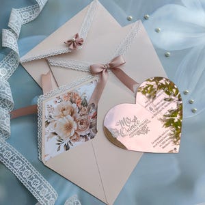 Heartin Acrylic Wedding Invitation with Blush Lace Envelope & Floral Liner | Art Deco Quinceanera Set