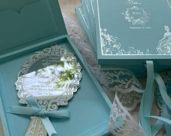 Luxury Baby Blue Wedding Invitation Box with Silver Acrylic Invite | Boxed Invitation Suite for Elegant Wedding 2026