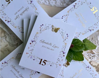 Elegant Quinceañera Invitation Box, Silver Mirror Acrylic Butterfly Tag