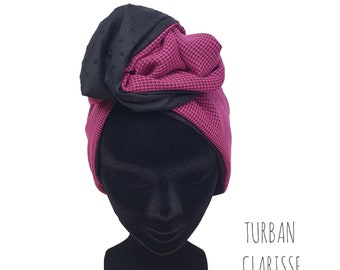 Maxi-Turban, modularer Draht-Stirnband-Damen-Turban mit fuchsiafarbenen Hahnentritt- und schwarzen Plumetis-Mustern CLARISSE