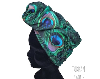 Turban, bandeau fil de fer modulable turban femme motifs plumes de paon TAOUS