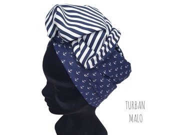 Maxi turban, modular wire headband turban for women ink patterns, striped MALO blue