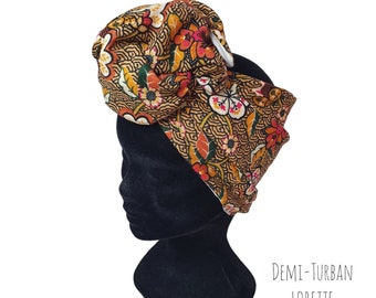 Demi-Turban, bandeau fil de fer modulable turban  beige, ocre  fleuri vintage LORETTE