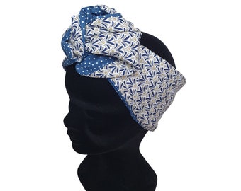 Large hair band, rigid wired reversible headband in blue tones