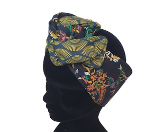 Grand bandeau cheveux, bandeau rigide filaire réversible éventails jaunes et fleuri multicolore