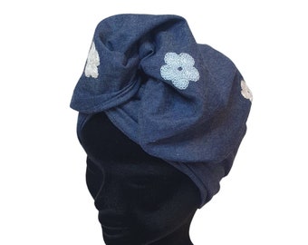 Maxi turban, bandeau fil de fer modulable turban femme chambray denim broderie fleurs LUCE