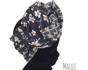 Demi-Turban, bandeau fil de fer modulable turban réversible fleurs de cerisier et graphique noir et blanc MAELLE