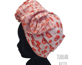 Maxi turban, bandeau fil de fer modulable turban femme motifs cerises ,bouches et texte BETTY