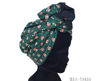 Maxi turban, bandeau fil de fer modulable turban femme noir et motif vert orangé ADELE