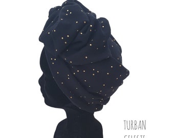 Maxi turban, bandeau fil de fer modulable turban femme noir pois doré CELESTE