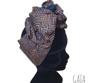 Half-Turban, modular wire headband blue and brown cotton poplin turban GAïA