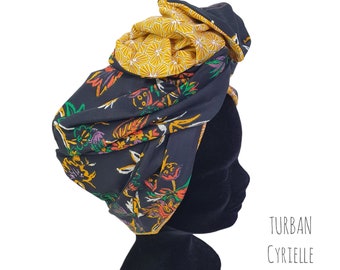 Maxi turban, bandeau fil de fer modulable turban femme fleuri fond noir et jaune CYRIELLE