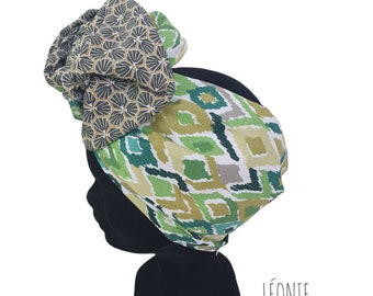 Demi-Turban, bandeau fil de fer modulable turban réversible vert dégradés et kaki LEONIE