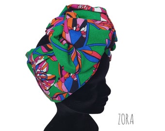 Half Turban, adjustable wire headband green viscose turban colorful and black flowers ZORA