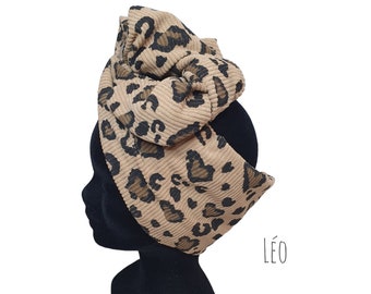 Demi-Turban, bandeau fil de fer modulable turban motifs léopard velours côtelé souple LÉO