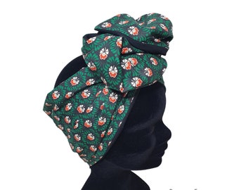 Demi-turban, bandeau fil de fer modulable turban femme noir et motif vert orangé ADELE