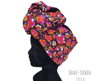 Halber Turban, modulares Draht-Stirnband mit floralem, rosa, orangefarbenem Vintage- und schwarzem Turban CELIA