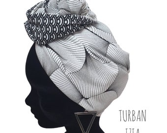 Maxi turban, bandeau fil de fer modulable réversible turban femme noir et blanc YZIA