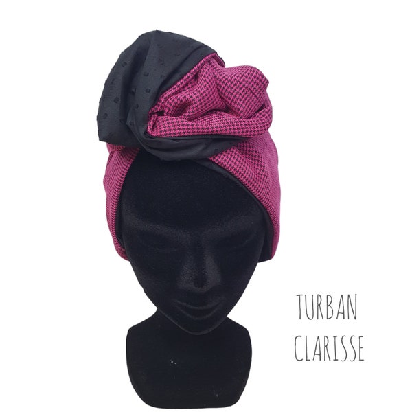 Maxi turbante, turbante de mujer con diadema modular de alambre con estampado de pata de gallo fucsia y plumeti negro CLARISSE