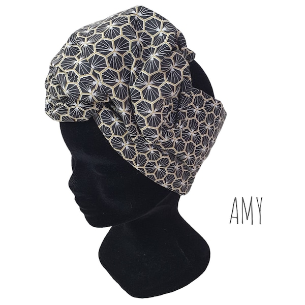 Demi-Turban, bandeau fil de fer modulable turban graphique noir AMY