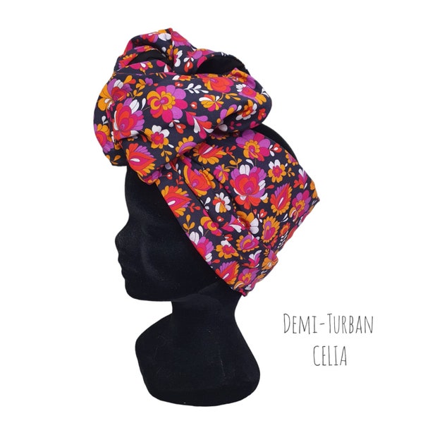 Demi-Turban, bandeau fil de fer modulable turban fleuri rose orange vintage et noir CELIA