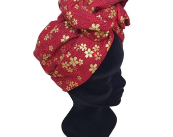 Maxi turban, adjustable wire headband, red and gold women's turban with Japanese motifs, RUBY