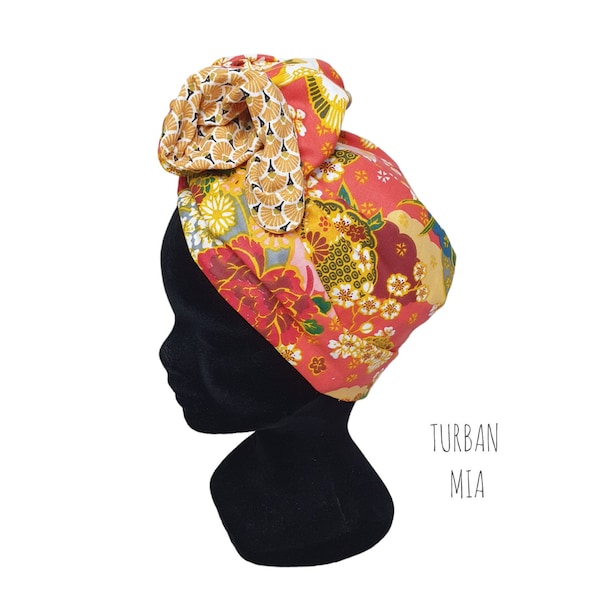 Maxi turban, bandeau fil de fer modulable turban femme motifs japonais MIA orange jaune