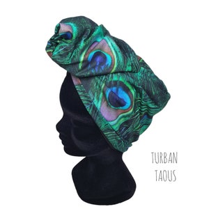 Turban, bandeau fil de fer modulable turban femme motifs plumes de paon TAOUS image 1