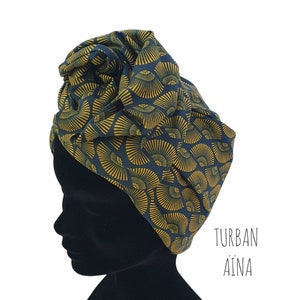 Maxi turban, adjustable wire headband turban woman yellow fans navy background AÏNA
