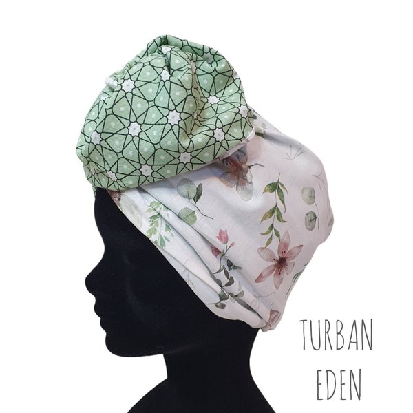 Maxi turban, bandeau fil de fer modulable turban femme motifs floraux pastel vert et blanc EDEN