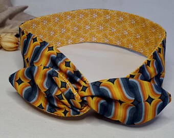 Women's headband, reversible adjustable wire headband, colorful blue and yellow vintage pattern headband