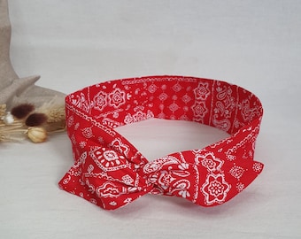 Reversible rigid wire headband, red bandana print headband for women