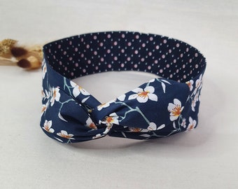 Rigid hair band headband reversible navy blue floral and polka dot wire