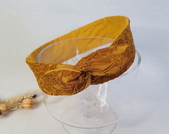 Bandeau cheveux rigide headband fil de fer dentelle jaune moutarde