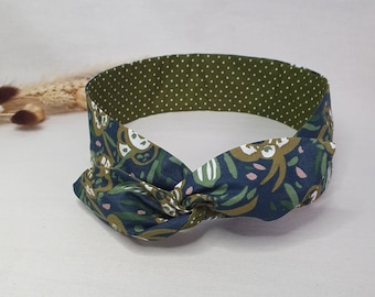 Bandeau cheveux rigide headband fil de fer réversible fleuri et pois ton vert