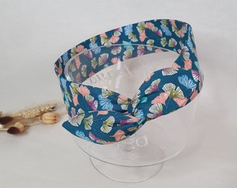 Bandeau cheveux rigide headband fil de fer réversible feuilles de ginkgo fond bleu pétrole