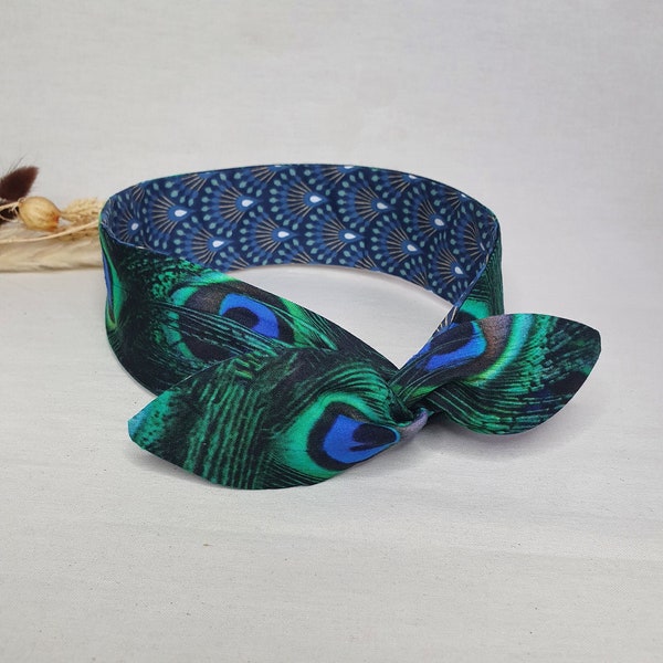 Bandeau cheveux rigide headband fil de fer réversible éventails bleus et verts plumes de paon