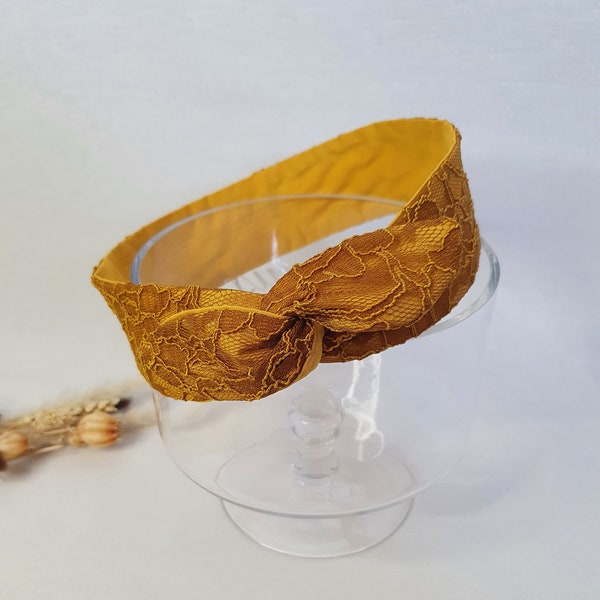 Bandeau cheveux rigide headband fil de fer dentelle jaune moutarde