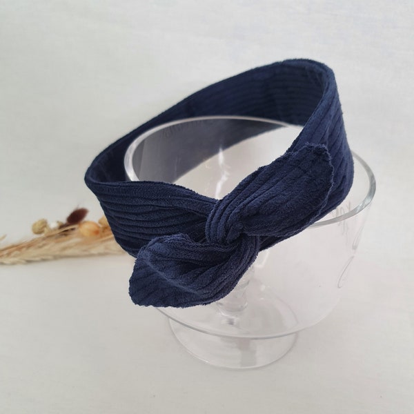 Bandeau cheveux rigide headband fil de fer velours côtelé bleu marine