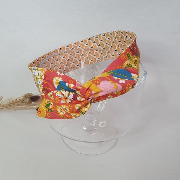 Bandeau cheveux rigide headband fil de fer réversible motifs japonais tons jaunes et corail