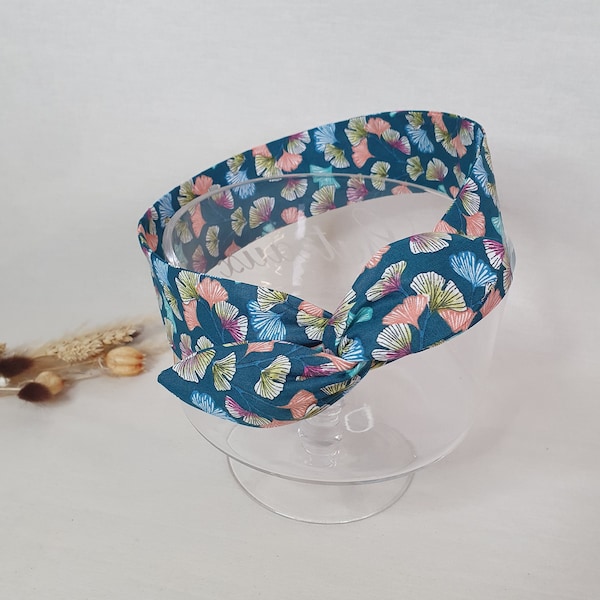 Bandeau cheveux rigide headband fil de fer réversible feuilles de ginkgo fond bleu pétrole