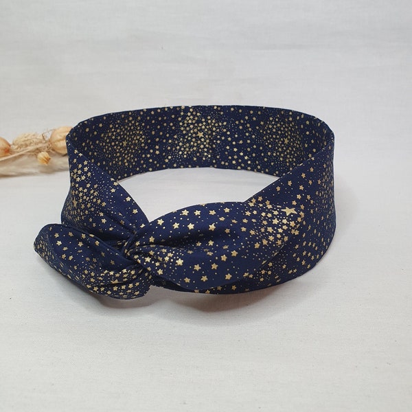 Bandeau cheveux rigide headband fil de fer  bleu marine étoiles dorés