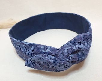 Bandeau cheveux rigide headband fil de fer dentelle ,bleu denim