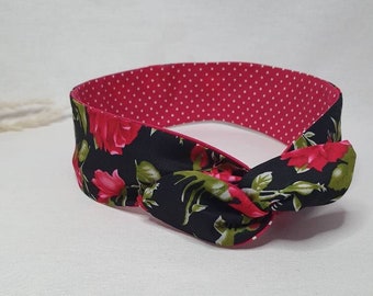 Bandeau cheveux rigide headband fil de fer réversible  fond noir roses et pois