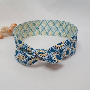 Bandeau cheveux rigide headband fil de fer réversible tons bleu éventails /mandalas