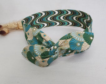 Rigid hair band headband reversible wire tones green blue and beige