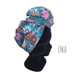 Maxi turban, adjustable wire turban, women&#39;s turban, blue and pink floral turban EMA